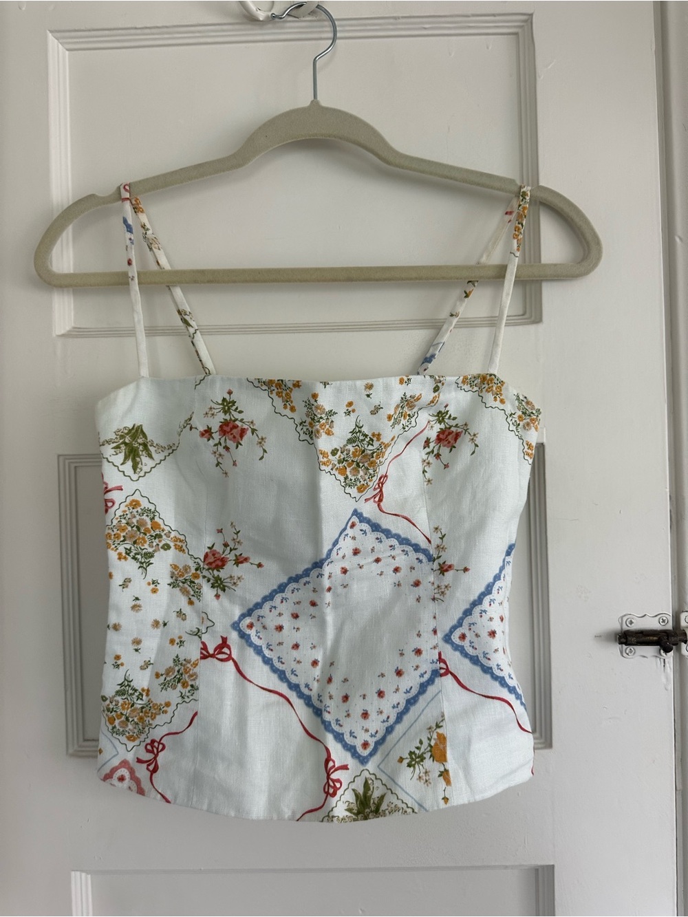 Reformation White Floral Patchwork Spaghetti-Strap Cami